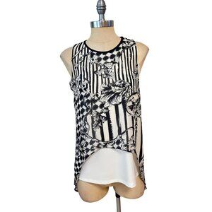 Scapa Lauren Perre Black & White Sheer Sleeveless Printed High-Low Top Small